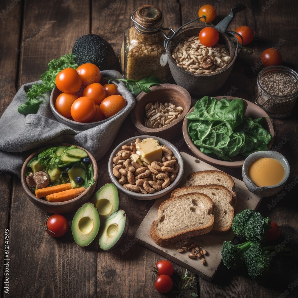 Selection of healthy food on rustic wooden background pasta with vegetables and meat