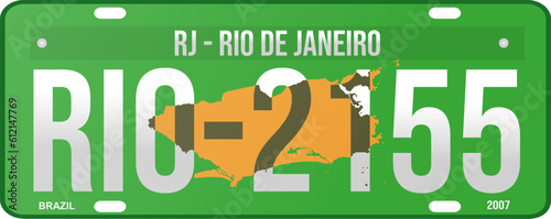 Old License Plate Rio de Janeiro - RJ - Brazil 2007 green. State map in background in yellow color. Fountain Bebas Neue