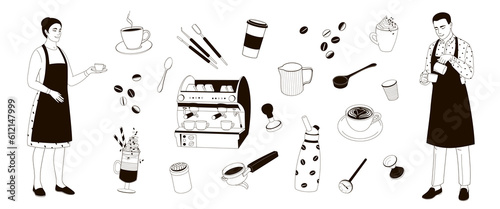male and female barista making coffee and set equipment tools for barista and making coffee, black and white vector illustration