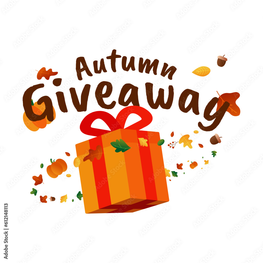 Autumn giveaway design with decorative pumpkins, acorns and colorful leaves on transparent background