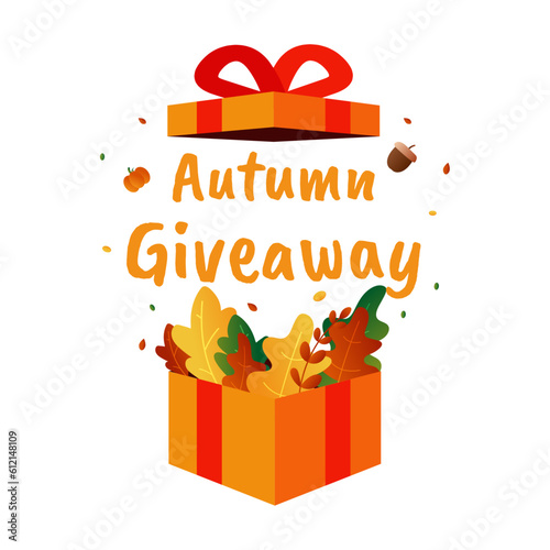 Autumn giveaway design with decorative pumpkins, acorns and colorful leaves on transparent background