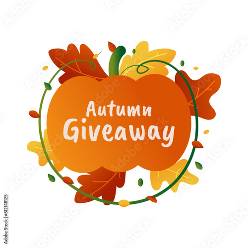 Autumn giveaway design with decorative pumpkins, acorns and colorful leaves on transparent background