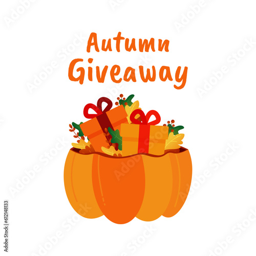 Autumn giveaway design with decorative pumpkins, acorns and colorful leaves on transparent background