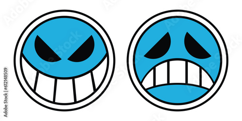 Two blue cartoon face symbols with mocking and sad expressions