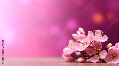 Postcard with flowers on pink background, with copy space for text. Empty card, banner, frame, backdrop. Generative AI