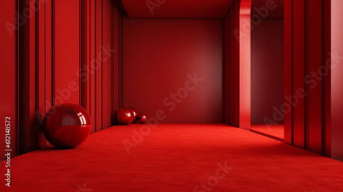 Interior empty red apartment. Modern design. Big room with copy space. Generative AI