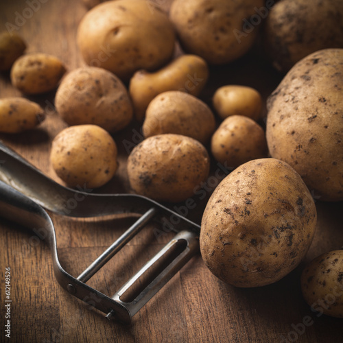 Potatoes and a peeler on a rustic wooden board