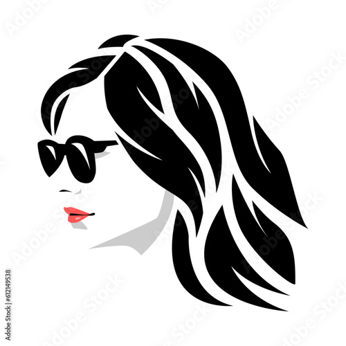 portrait of female face wear sunglasses with short hair tribal tattoo. side view. graphic flat vector illustration.