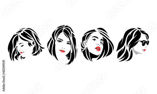 set of several beautiful female faces with short hair tribal tattoos. graphic flat vector illustration.