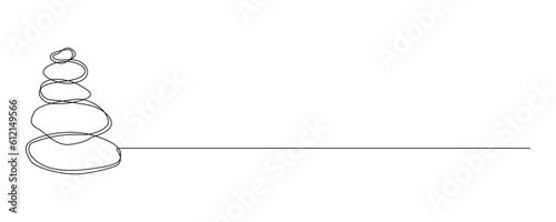 Balance and zen life concept in one continuous line drawing. Pebbles with circles in sand in simple linear style. Peace of mind, harmony and good mental health editable stroke. Vector illustration