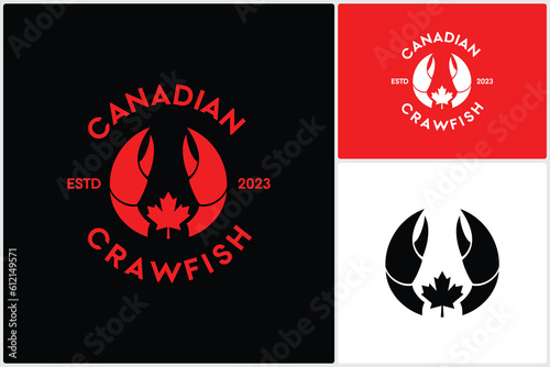 Crayfish Prawn Shrimp Lobster Claw Combination with Red Canadian Oaks Maple Leaf for Restaurant Seafood Logo Vector Design Inspiration