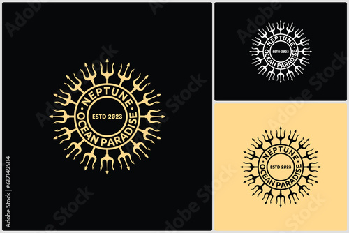Vintage Circular Emblem Trident Neptune God Poseidon Triton King Spear Icon Logo Vector Design