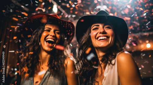 Fotografia, Obraz Confetti falling on women wearing cowboy hats laughing dancing in nightclub