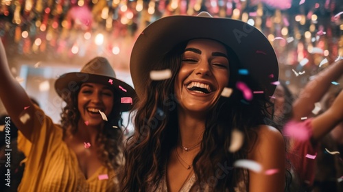 Confetti falling on women wearing cowboy hats laughing dancing in nightclub. Generative AI.