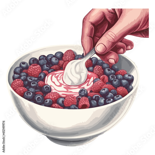 Hand holding bowl of fresh berry yogurt