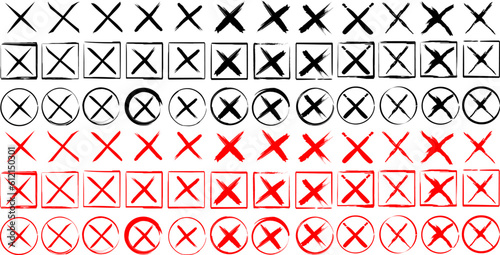X close delete cross icon red mark symbol isolated, wrong deny vote poll handwritten hand drawn error choice element, reject cancel tick button clipart