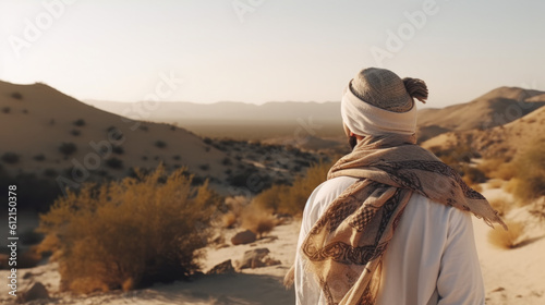 back view on a man with a headscarf in the desert. Generative AI photo
