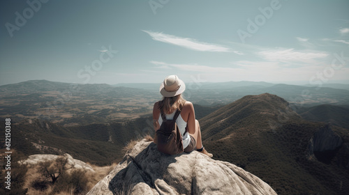 back view of a woman sitting on a stone in the mountains. Generative AI © jr-art