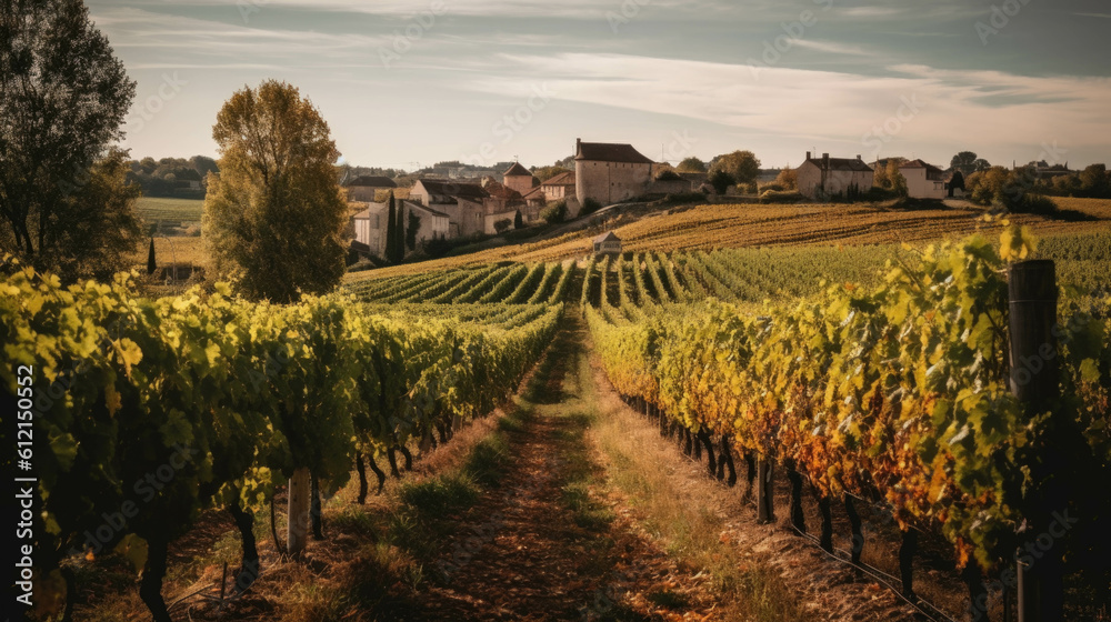 vineyards in france with a big old house on the horizon. Generative AI