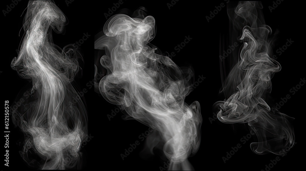set of smoke and or clouds isolated on black background. Generative AI set of smoke and or clouds isolated on black background. Generative AI