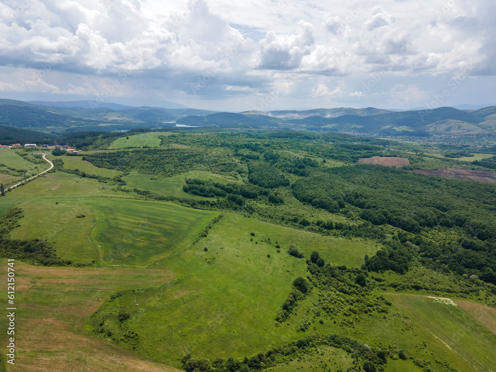 Fototapeta premium Aerial view of Vitosha Mountain near Village of Rudartsi, Bulgaria