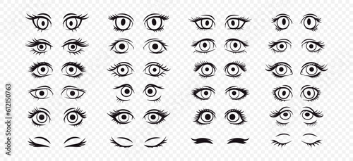Vector Cartoon Female Eyes. Beautiful Black and White Womens Opened and Closed Eyes in Manga, Pop Art Comic Style, Isolated. Different Girls Eyes with Eyelashes Design Template, Scetches. Front View