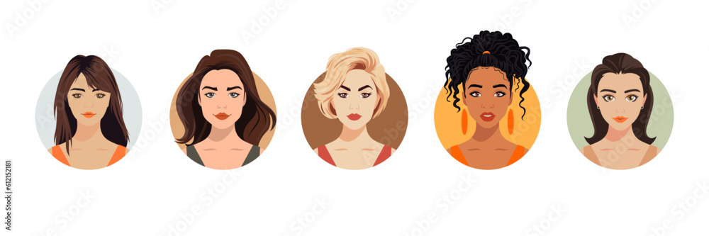 Vector Woman Avatar Set. Beautiful Young Girls Portrait Collection, Different Hairstyle. Female Face Types, Different Nationalities Portraits. Cartoon Multiethnic Society in Flat Style. Front View Vector Woman Avatar Set. Beautiful Young Girls Portrait Collection, Different Hairstyle. Female Face Types, Different Nationalities Portraits. Cartoon Multiethnic Society in Flat Style. Front View