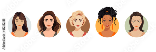 Vector Woman Avatar Set. Beautiful Young Girls Portrait Collection, Different Hairstyle. Female Face Types, Different Nationalities Portraits. Cartoon Multiethnic Society in Flat Style. Front View
