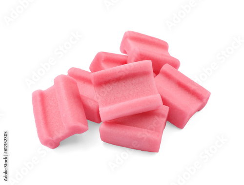 Pile of tasty pink chewing gums on white background