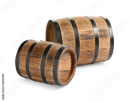 Two traditional wooden barrels on white background