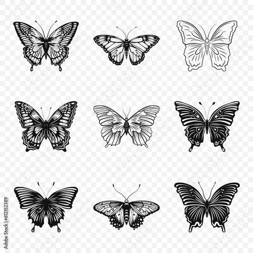Vector Black Hand Drawn Butterfly Icon Set Isolated. Butterflies Collection, Vintage Vector Design Elements of Butterfly Silhouettes