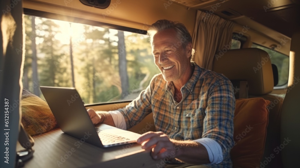 Happy old man sitting in motorhome van using laptop Smiling active adult traveler holding computer on lap remotely working online. Freelance. Relaxing in outdoor camping.Generated with AI Happy old man sitting in motorhome van using laptop Smiling active adult traveler holding computer on lap remotely working online. Freelance. Relaxing in outdoor camping.Generated with AI