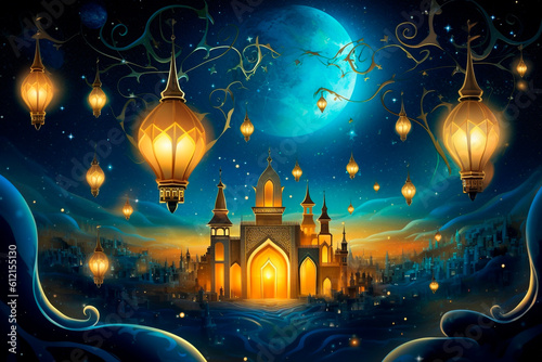 An Eid-al-Adha illustration with Star and crescent moon night and illuminated lantern with clouds around, Generative AI © israel