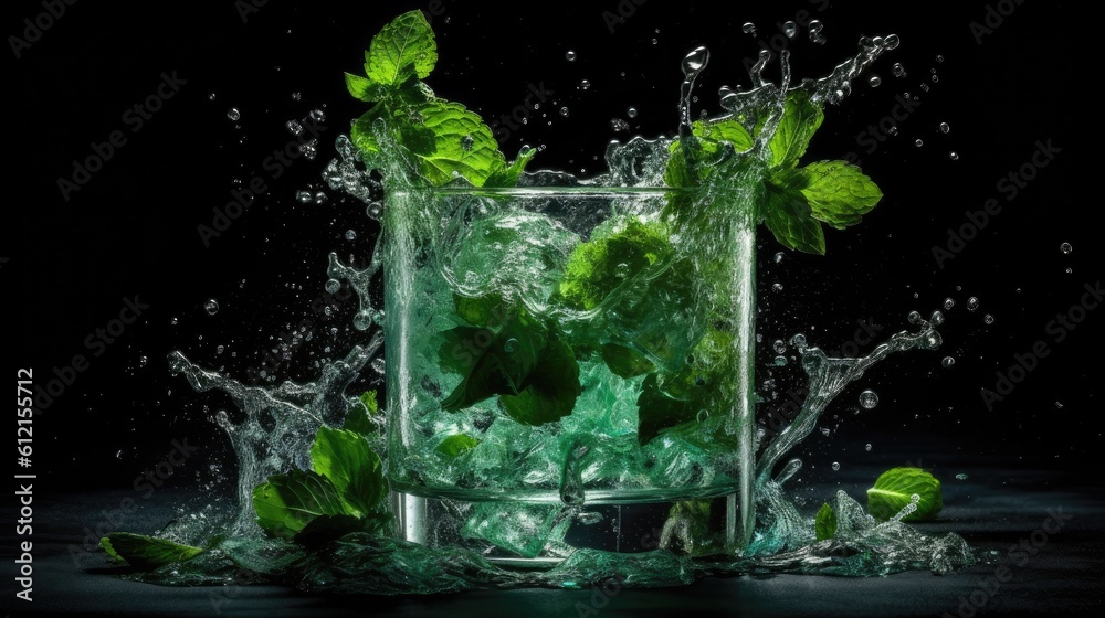 Close-up of a frothy Mojito suspended cocktail with lime ice and mint black background Close-up of a frothy Mojito suspended cocktail with lime ice and mint black background