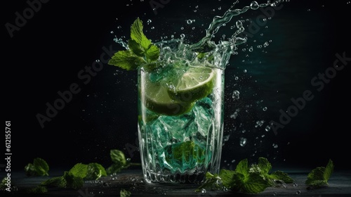 Close-up of a frothy Mojito suspended cocktail with lime ice and mint black background
