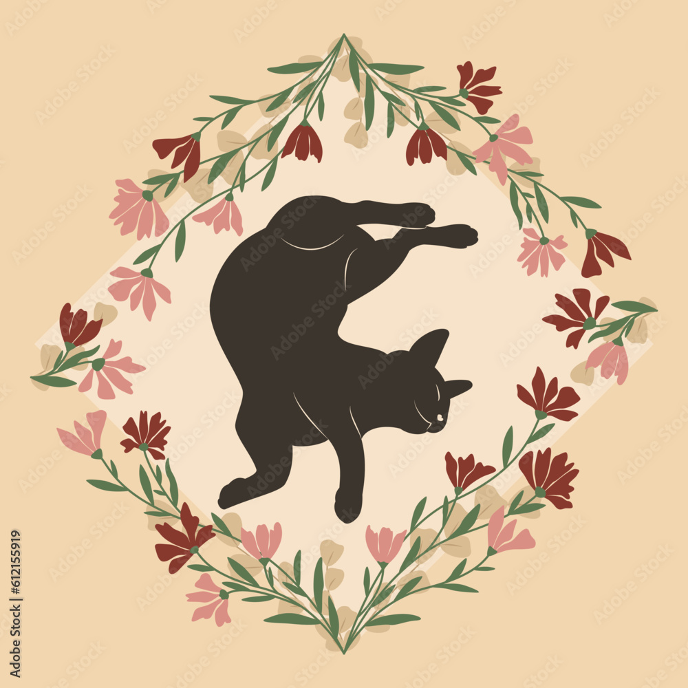 Dekoracyjna grafika przedstawiająca leżącego zwierzaka. Kwiatowa ramka i śpiący czarny kot. Ilustracja wektorowa. - obrazy, fototapety, plakaty 