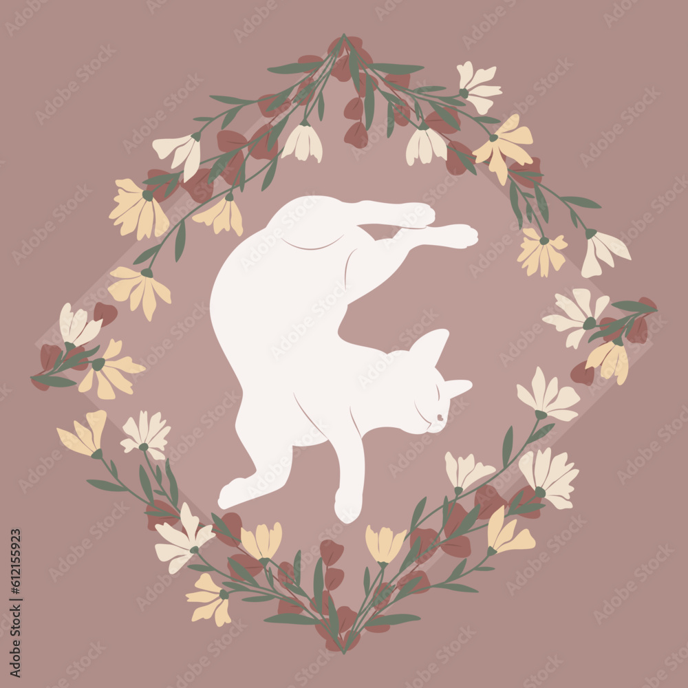 Dekoracyjna grafika przedstawiająca leżącego zwierzaka. Kwiatowa ramka i śpiący biały kot. Ilustracja wektorowa. - obrazy, fototapety, plakaty 