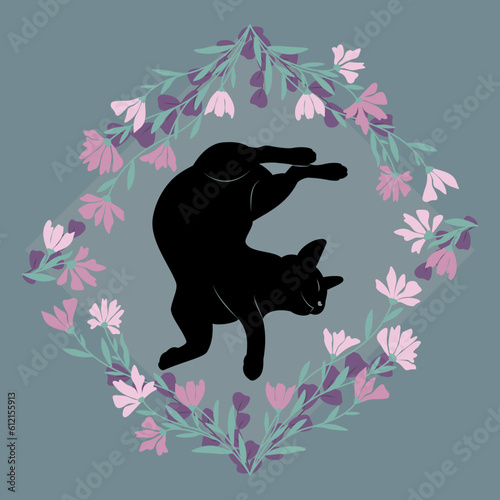 Dekoracyjna grafika przedstawiająca leżącego zwierzaka. Kwiatowa ramka i śpiący czarny kot. Ilustracja wektorowa.