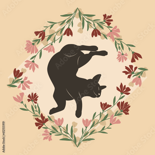 Dekoracyjna grafika przedstawiająca leżącego zwierzaka. Kwiatowa ramka i śpiący czarny kot. Ilustracja wektorowa.