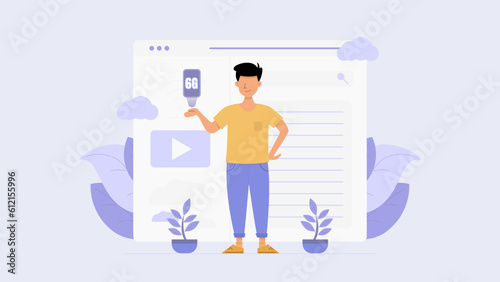 Young adult men with the latest generation of 6G network smartphones. Flat vactor