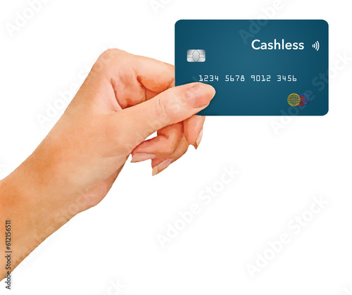 A hand holds a credit card that is labeled cashless in a 3-d illustration about cashless transaction and not cash.