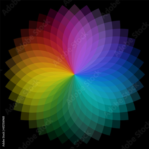 Circle of primary primary color, second stage, on a black background. Vector illustration. stock image.