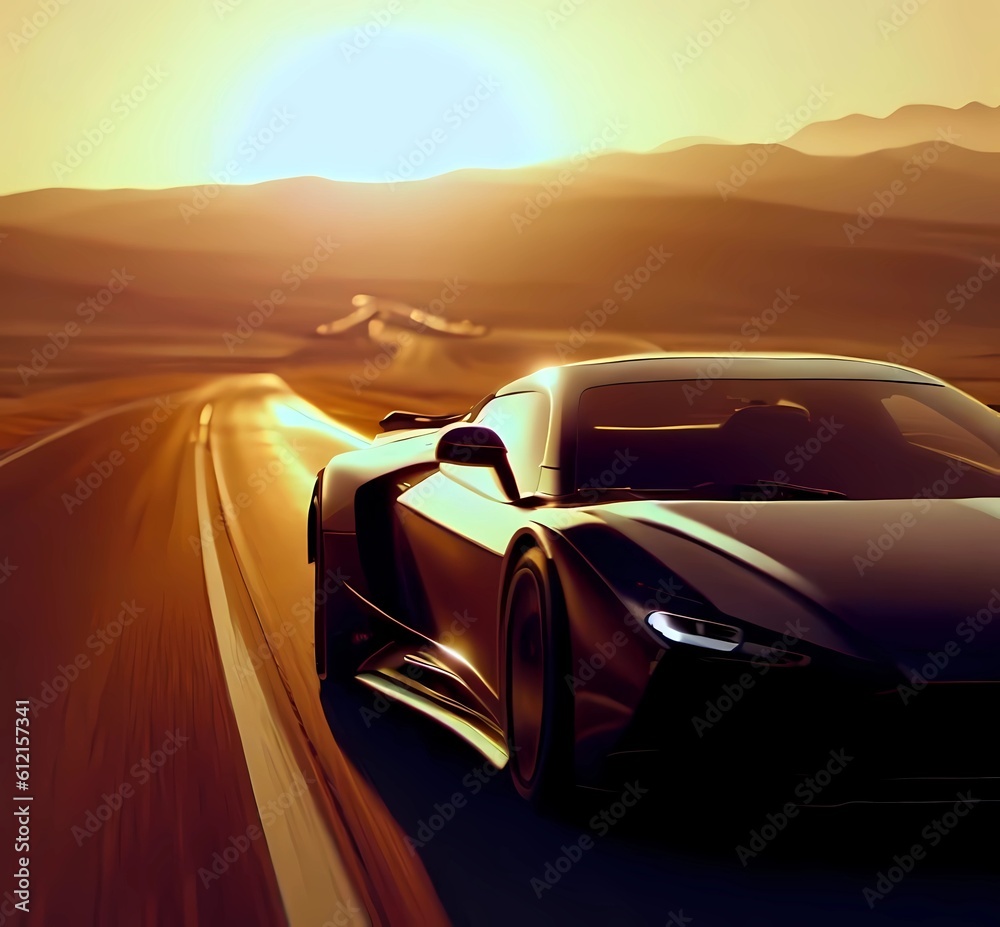 3D render of a sports car in the desert at sunset , generate by ai .
