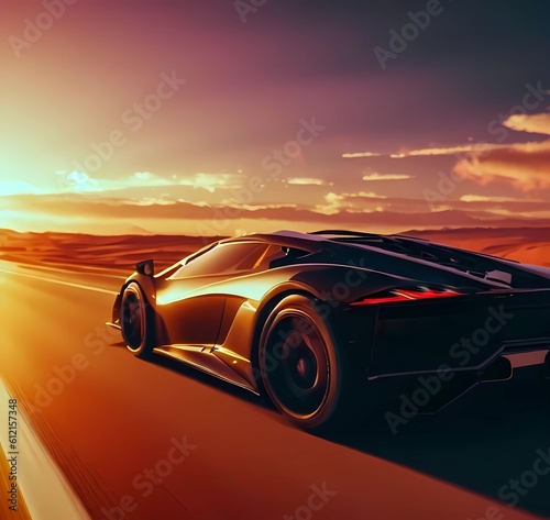 3D render of a sports car in the desert at sunset , generate by ai .  © Yuthana