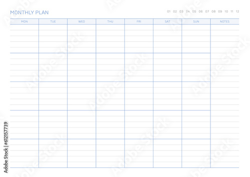 A monthly plan template with a simple and minimal style. Note, scheduler, diary, calendar planner document template illustration.