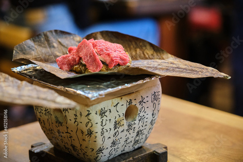 Hoba Miso with Beef traditional food at Takayama, Hida, Gifu, Japan.