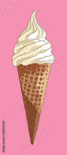 Hand drawing illustration of a soft serve ice cream cone. The snack part is made of a cone, and ice cream is placed on top of the cone.