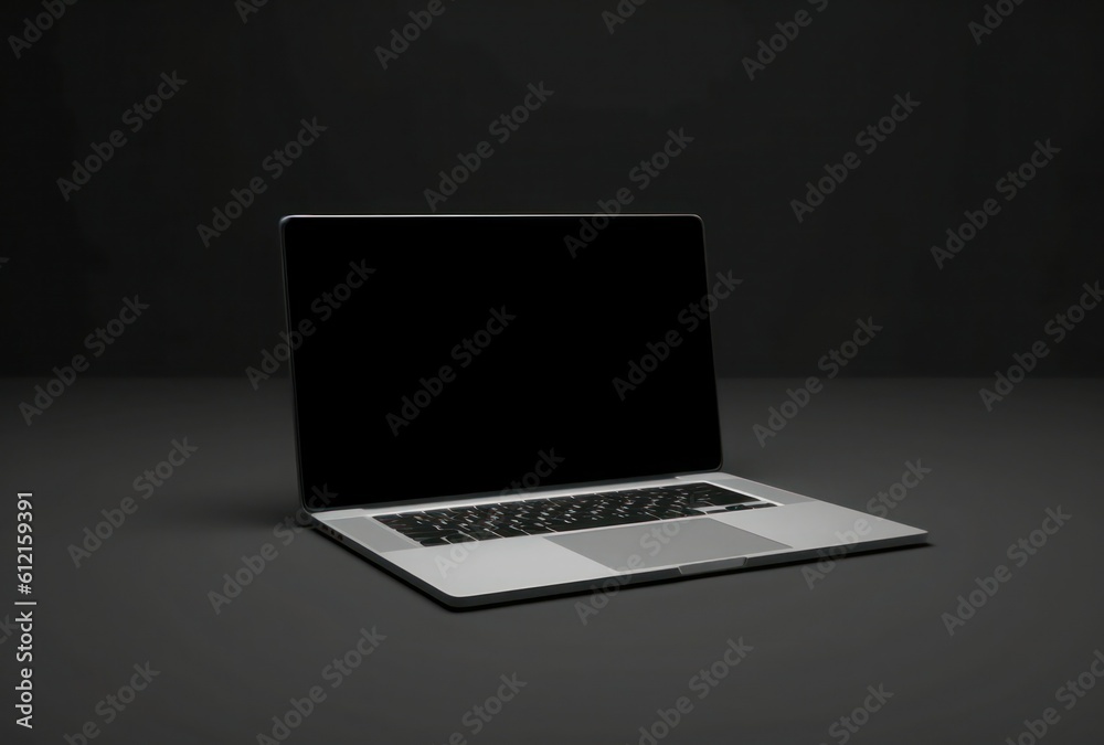 A Laptop sit on a Table with Black Background. Generative AI A Laptop sit on a Table with Black Background. Generative AI