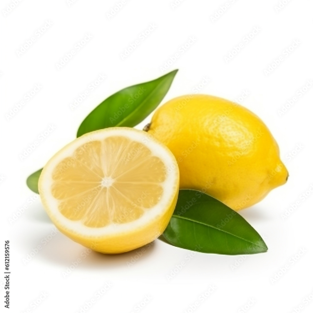 yellow lemons with leaves isolated on white. AI generated content