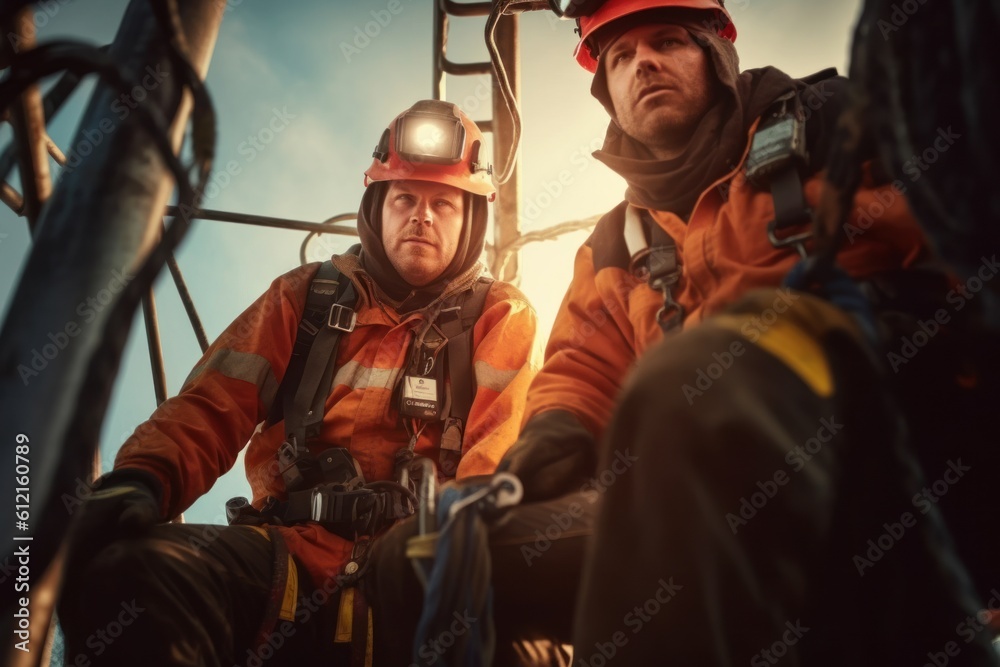 portrait photograph of power electrician Two people working at height wearing safety gear from a high voltage pylon.Generated with AI portrait photograph of power electrician Two people working at height wearing safety gear from a high voltage pylon.Generated with AI